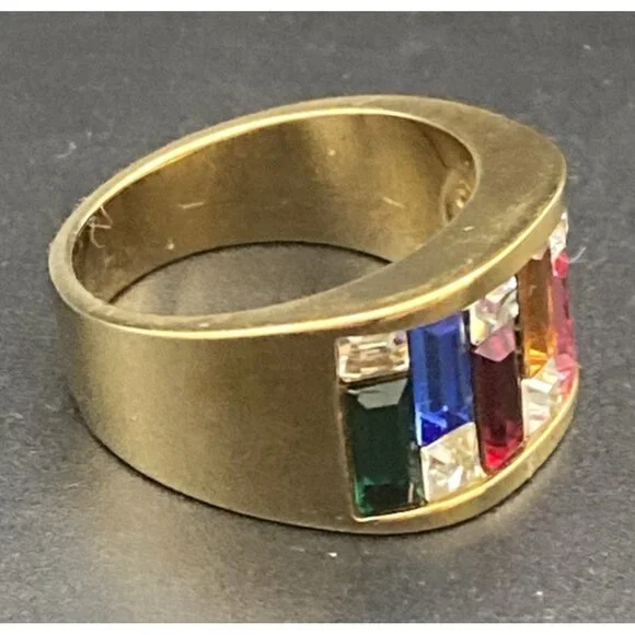 Art Deco Ring Yellow Gold Plated Multicolor Baguette Rhinestone CZ Band Sz 8.5 - Picture 4 of 9